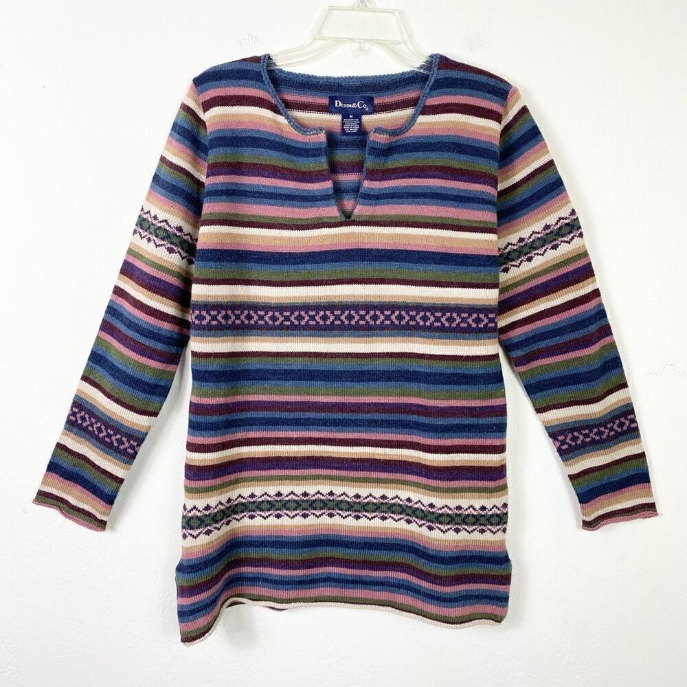 Vintage Denim & Co. Blue & Brown Striped Notch Neck Long Sleeve Sweater Size M